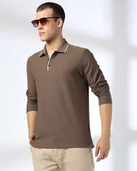 Tipped-collar polo — full sleeve — Brown, view 1