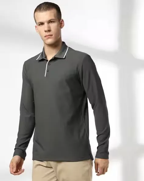 Tipped-collar polo — full sleeve — Charcoal, view 1