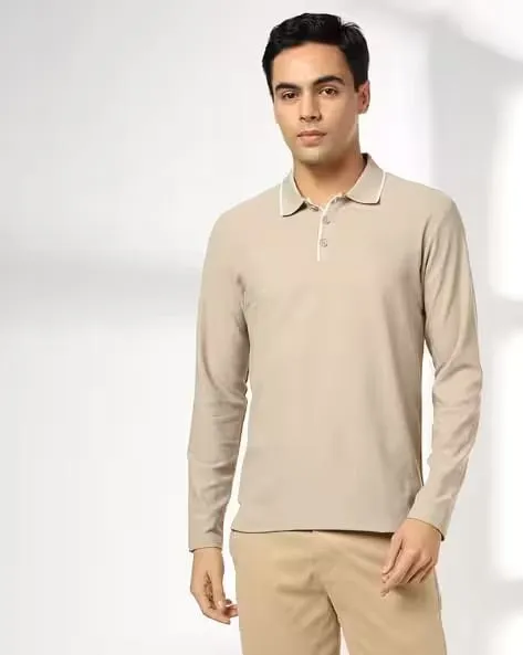Tipped-collar polo — full sleeve — Khaki, view 1